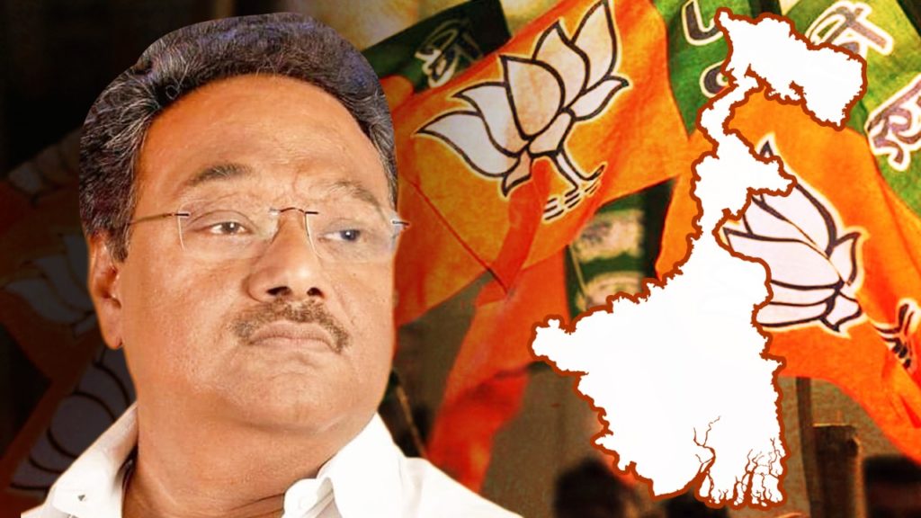 Samik Bhattacharya in profile beside an outline map of West Bengal set against party flags